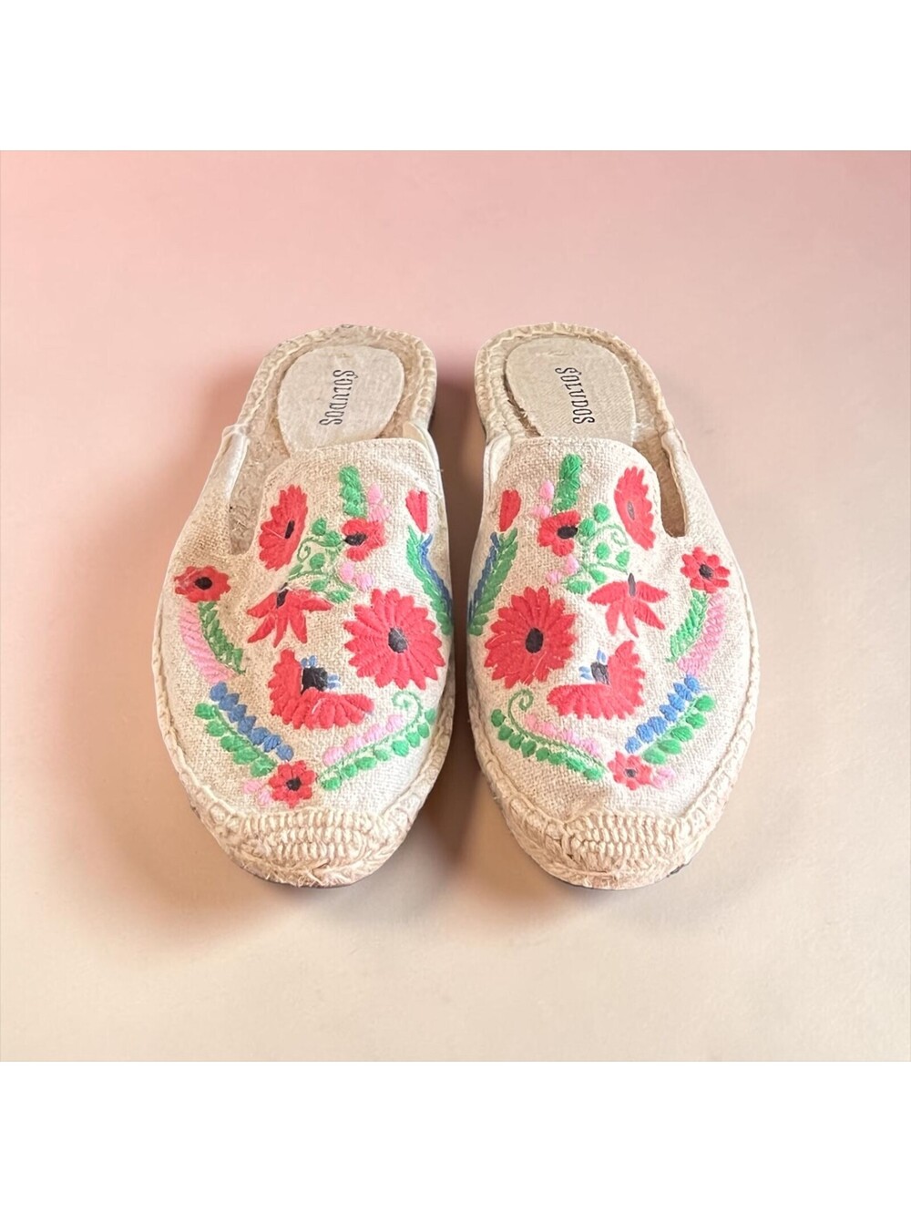 Soludos Embroidered Floral Espadrille Mules Slides Size 6.5 Boho Shoes